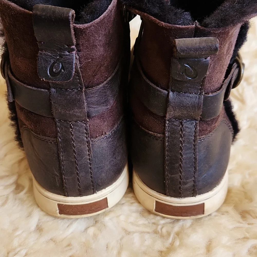 Olukai Pehuea Hulu Sheepskin Brown Leather Bootie Sneaker Size 8.5 - Picture 4 of 8